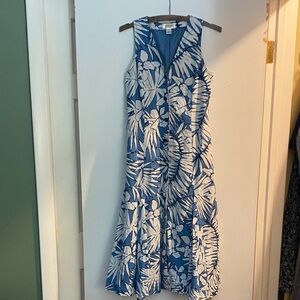 Talbots Blue and White Leaf Print Midi Dress